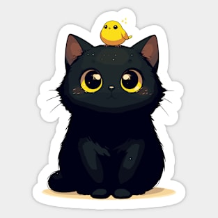 Cute Black Cat And Yellow Bird Sticker